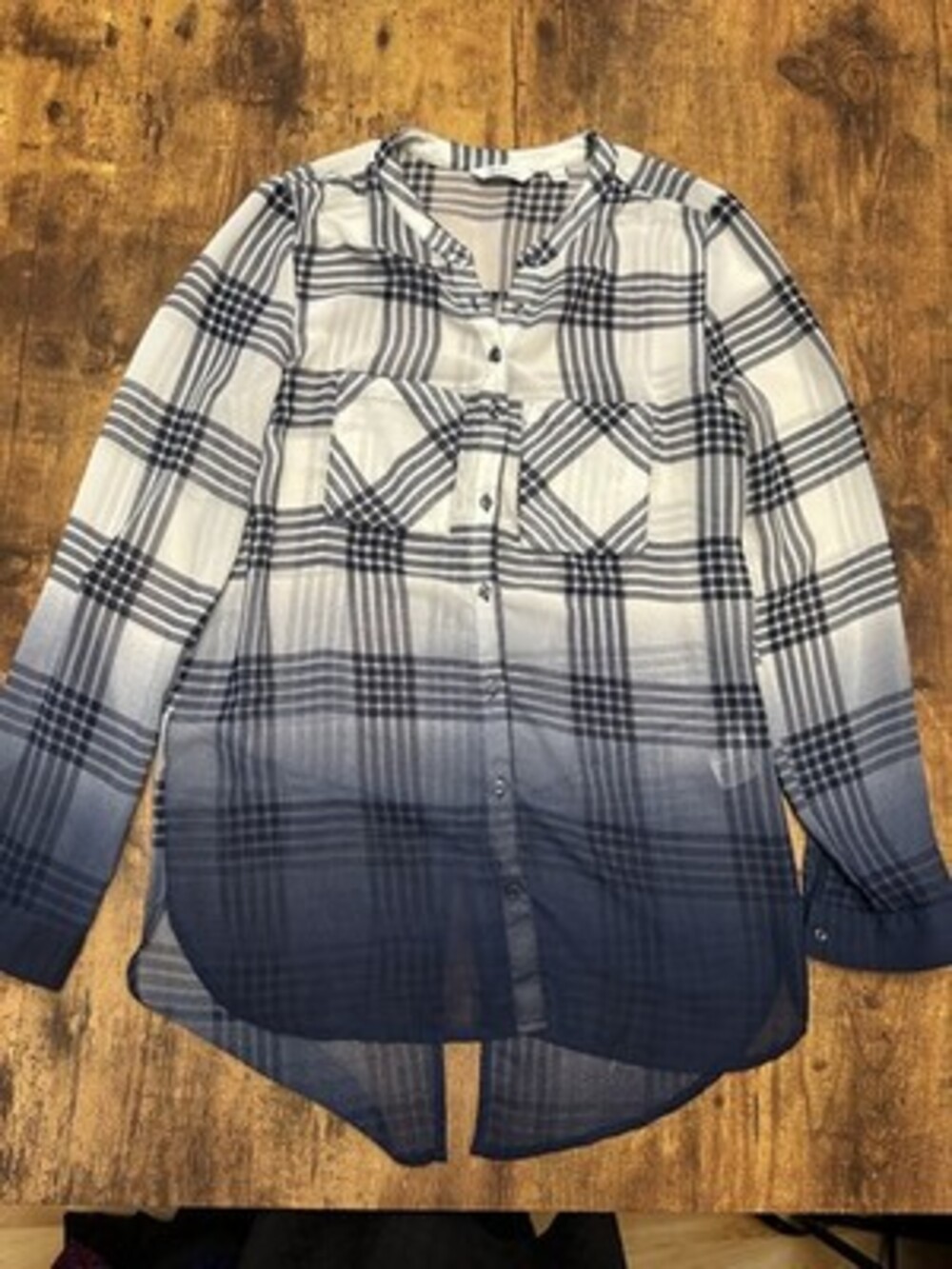 Reitmans Petites Blue Ombre Plaid Sheer Button-Down Blouse XS